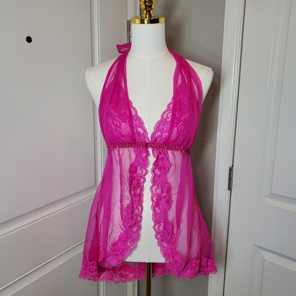 Frederick's of Hollywood Sexy Sheer Lace Halter Babydoll Lingerie Pink Large